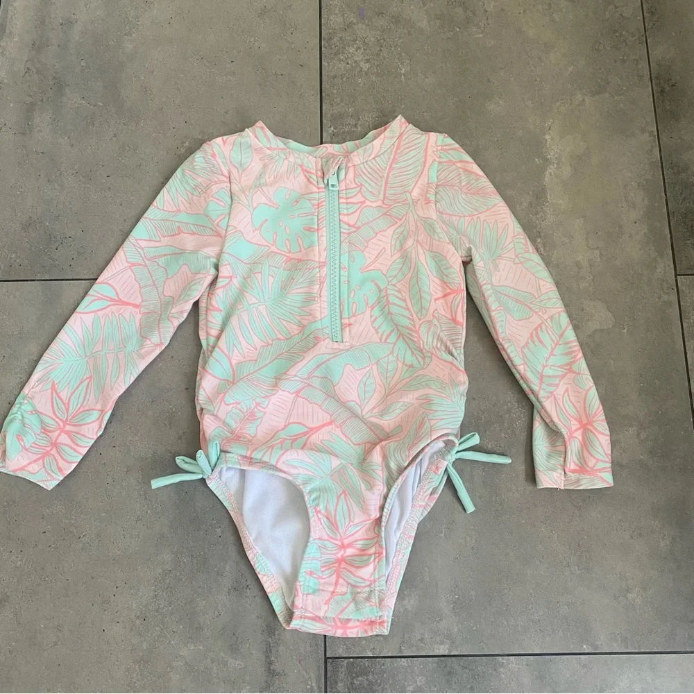 NWOT Cat & Jack toddler one piece swim palm print pink green 2T